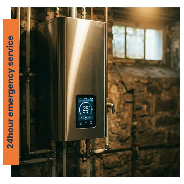 A stainless steel tankless water heater with a digital display showing "25° C," mounted on a rustic stone basement wall with connected pipes and warm lighting.