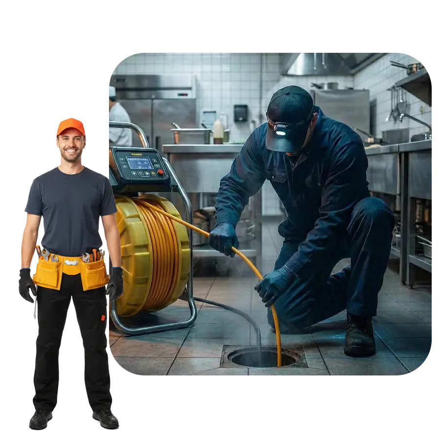 Drain cleaning specialist clearing a clogged floor drain.