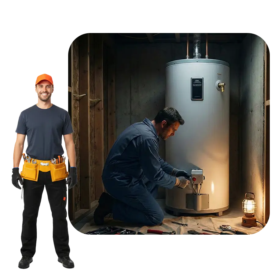 A technician kneeling in an unfinished basement works on the base of a water heater