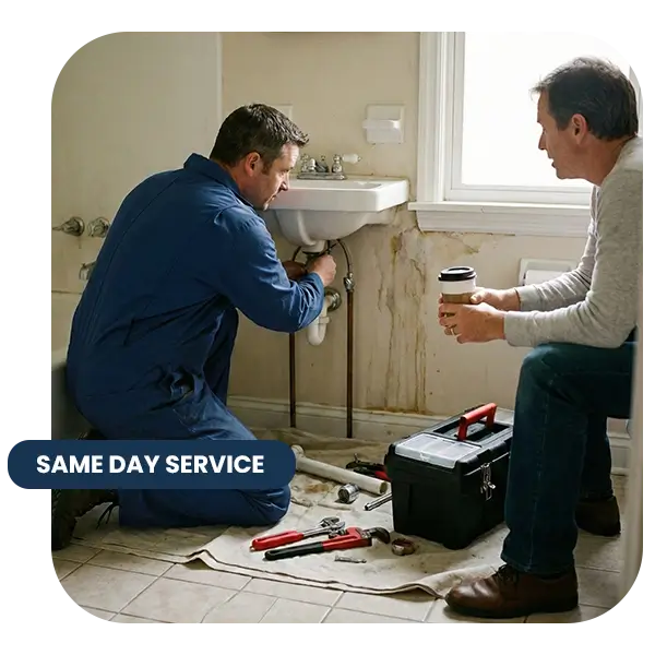 Professional plumber in dark blue uniform repairing a bathroom sink pipe while consulting with a homeowner