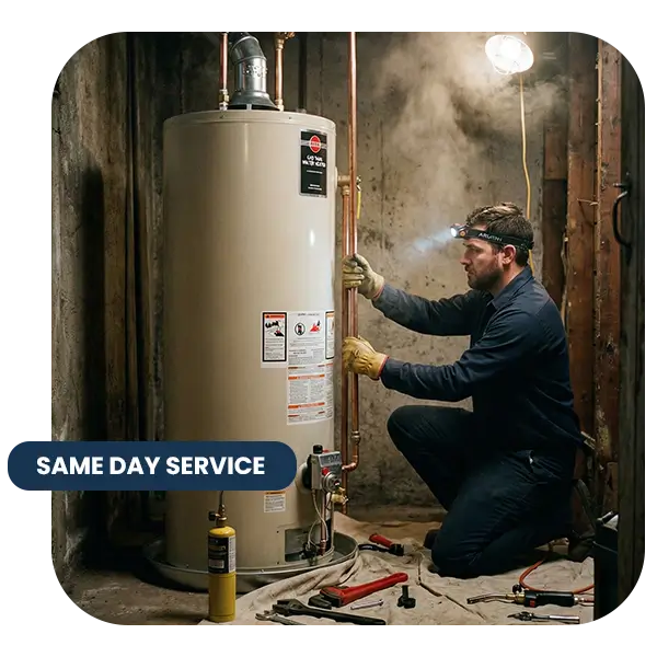 A plumber with a headlamp works on installing a gas water heater in a steamy, dimly lit basement with tools scattered around.