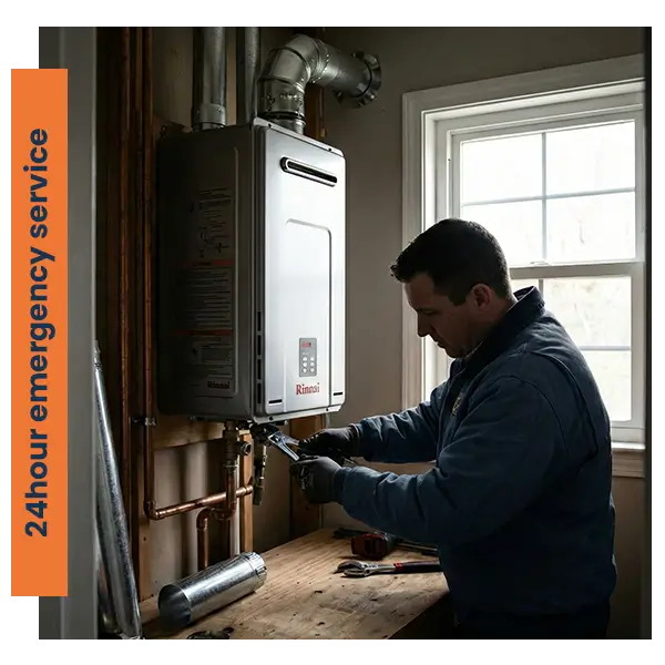 Professional plumber in dark blue workwear installing a wall-mounted gas tankless water heater system