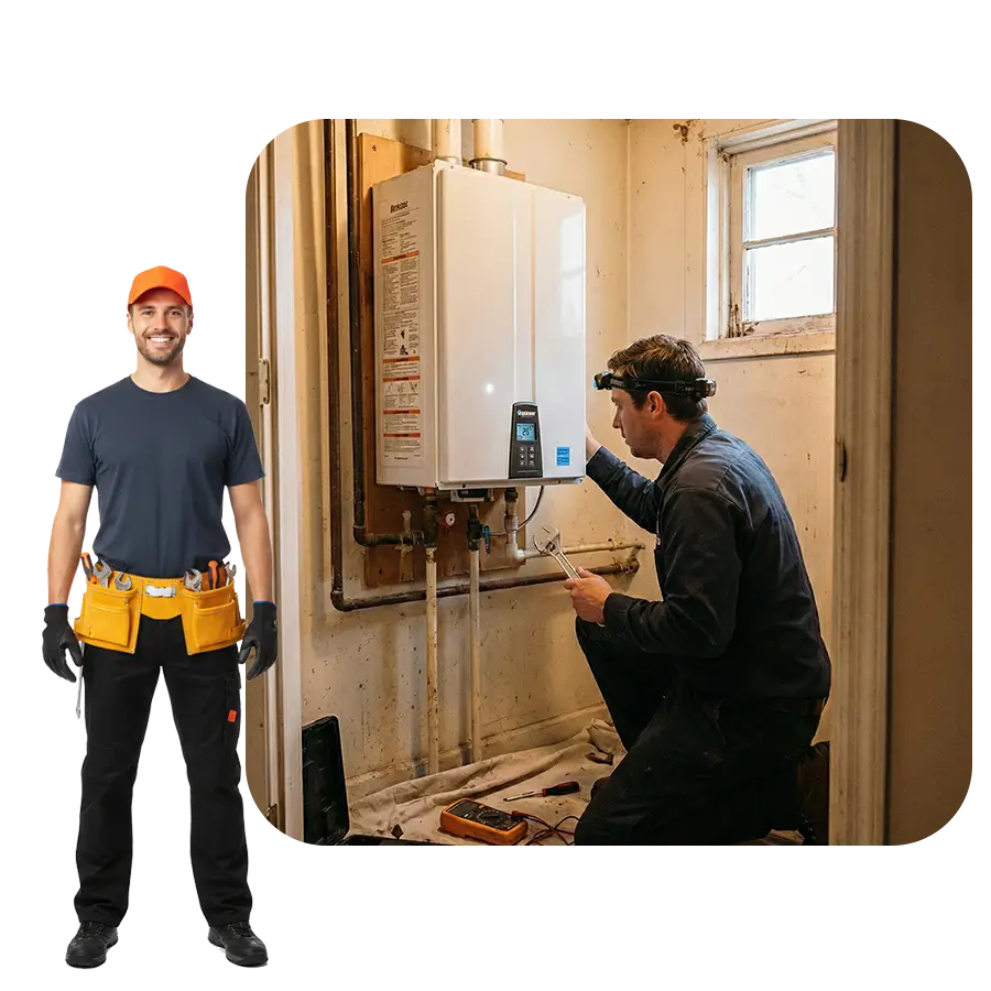 Professional plumber in dark blue workwear installing a wall-mounted gas tankless water heater system