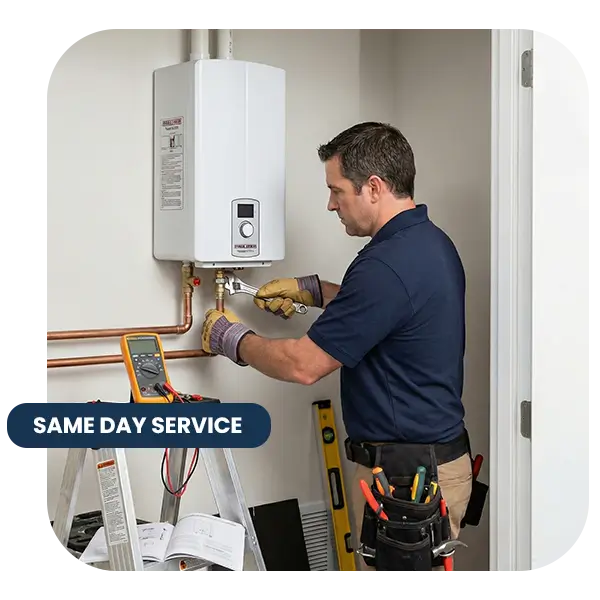 Professional technician tightening pipe connections on a white electric tankless water heater mounted on a wall