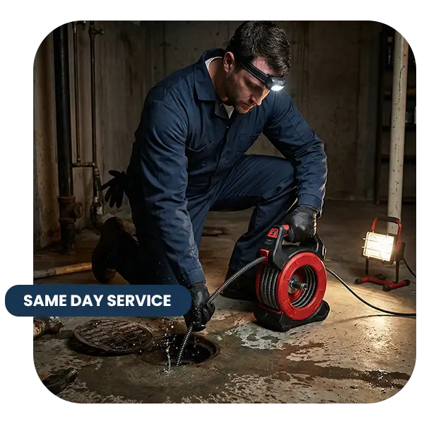 Professional technician in blue coveralls using a motorized drain snake auger to clear a clogged floor drain in a dimly lit utility room.