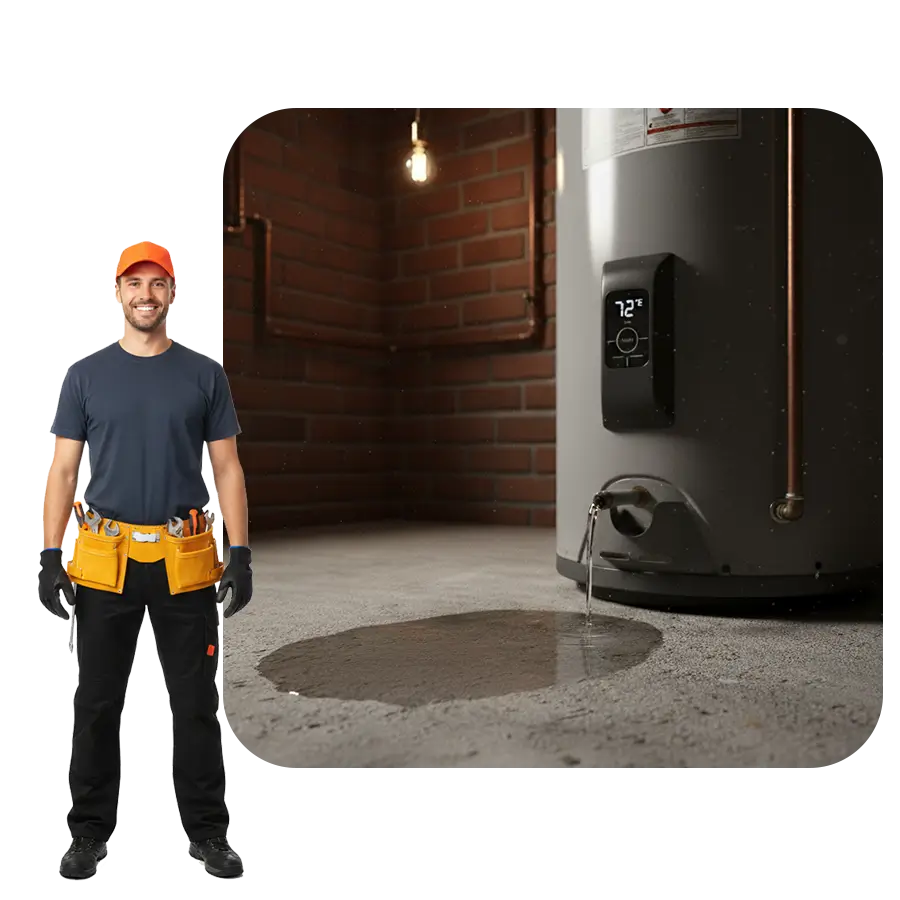 Professional plumber standing beside a leaking water heater with puddle on floor