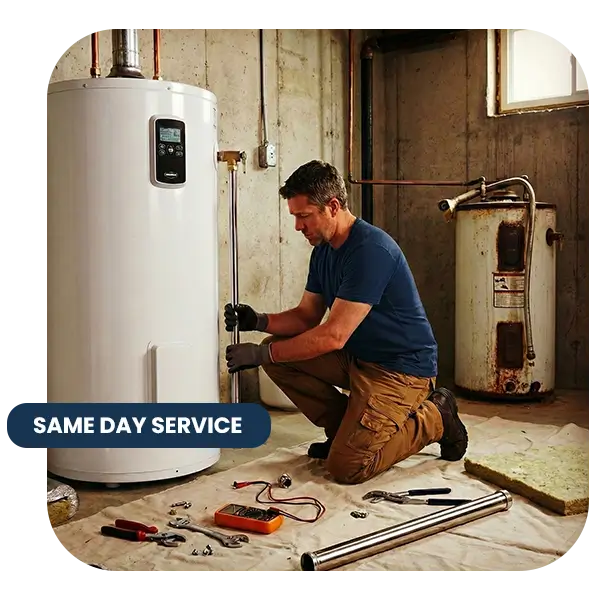 A technician is kneeling in a basement, installing a new white water heater next to an old, rusted one. He is holding a pipe, and tools are spread on a cloth on the concrete floor.