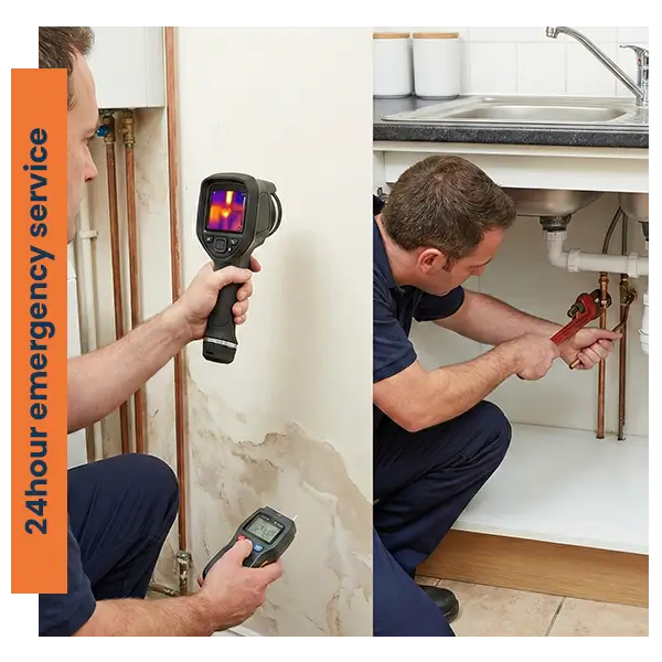 Split view showing a professional using a thermal imaging camera to detect a water leak in a wall, and a plumber repairing a pipe under a kitchen sink.