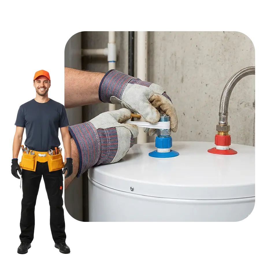 Hands wearing work gloves applying white thread sealing tape to the cold water inlet connection on top of a white water heater tank