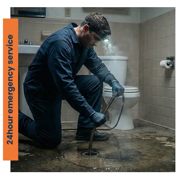Professional plumber in navy blue coveralls kneeling on a wet tiled floor, using a drain snake cable to unclog a bathroom floor drain