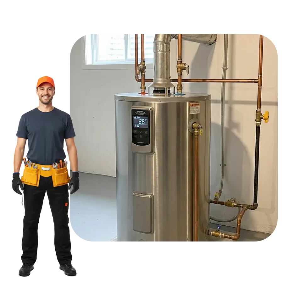 A modern stainless steel gas water heater with a digital display, installed on a concrete pad in a basement with plumbing connections.