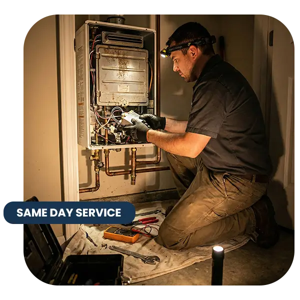 Professional technician repairing a gas tankless water heater using diagnostic tools and a multimeter in a dimly lit utility room