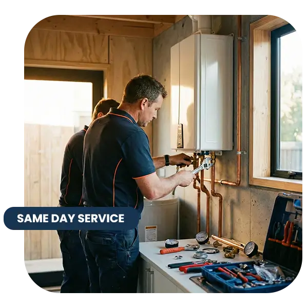 Professional technician installing a modern tankless water heater on a wall with copper piping and tools visible on a workbench.