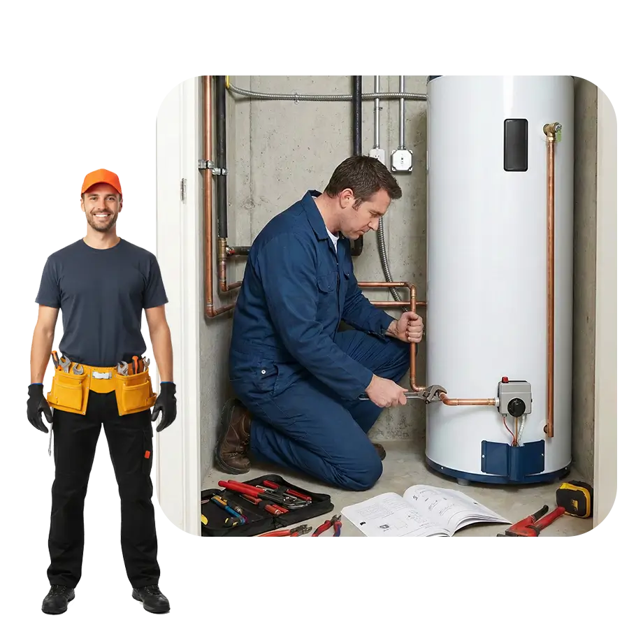 Professional technician wearing dark navy blue overalls installing a white tank-style water heater, tightening copper pipe connections with a wrench