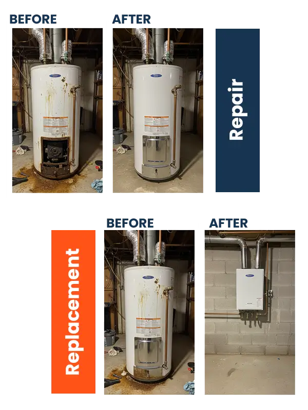 Water heater repair and replacement before after